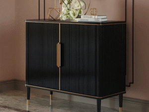 Luxury Black Ribbed Storage Cabinet with Gold Accents