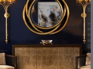 Luxury Wooden Sideboard with Sculptural Round Mirror